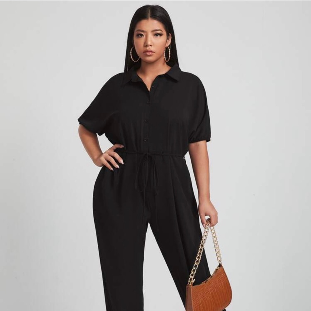 SHEIN Plus Solid Button Front Belted Shirt Black Jumpsuit  - Size 0XL (12)